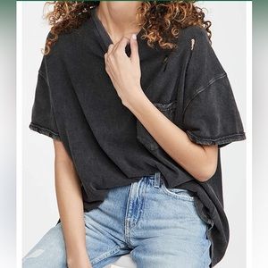 Free People Distressed Rubi Tee Black Short Sleeve Pocket Tee